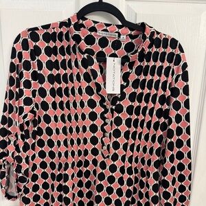 NWT NY Collection Women's Roll Tab 3/4 Sleeve Zip Closure Pink/Black Blouse Med